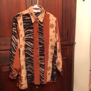 VINTAGE Liz Baker Vibrant Orange and Black geometricBlouse